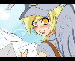 Size: 1400x1150 | Tagged: safe, artist:ninja-8004, derpy hooves, pegasus, baseball cap, cloud, cute, derp, humanized, mail, winged humanization, wings