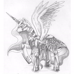 Size: 2480x2480 | Tagged: safe, artist:george5408, princess celestia, alicorn, pony, armor, high res, monochrome, pencil drawing, sketch, solo, traditional art