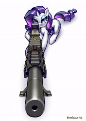 Size: 1995x2821 | Tagged: dead source, safe, artist:vombavr, rarity, pony, unicorn, an/peq-15, ar15, cutie mark, eotech, female, gun, holographic sight, hooves, horn, looking at you, lying down, mare, picatinny rail, rifle, signature, simple background, sniper, sniper rifle, solo, suppressor, weapon, white background