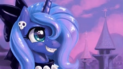Size: 1920x1080 | Tagged: safe, artist:kp-shadowsquirrel, princess luna, alicorn, pony, acne, adorkable, bow, braces, bust, collar, cute, dork, female, filly, goth, lunabetes, portrait, s1 luna, skull, solo, wallpaper, young, younger