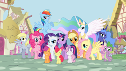 Size: 4076x2297 | Tagged: safe, artist:mihaaaa, apple bloom, applejack, derpy hooves, fluttershy, pinkie pie, princess celestia, princess luna, rainbow dash, rarity, scootaloo, spike, sweetie belle, twilight sparkle, alicorn, dragon, earth pony, pegasus, pony, unicorn, cutie mark crusaders, female, mane seven, mane six, mare