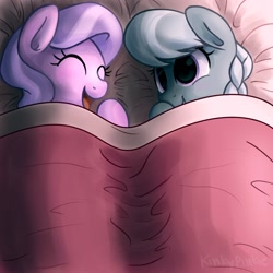 Size: 1500x1500 | Tagged: safe, artist:kinkypinkie, diamond tiara, silver spoon, earth pony, pony, bed, blanket, cute, duo, eyes closed, female, filly, lying down, missing accessory, open mouth, sleepover, smiling, wide eyes
