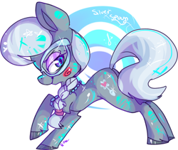 Size: 546x460 | Tagged: safe, artist:clockworkquartet, silver spoon, earth pony, pony, abstract background, blushing, female, filly, smiling, smirk, solo