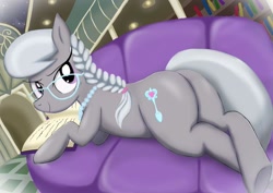 Size: 1024x724 | Tagged: safe, artist:neoshrek, silver spoon, earth pony, pony, book, bookshelf, butt, female, glasses, mare, older, pearl necklace, plot, reading, sofa, solo