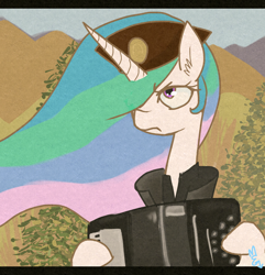 Size: 800x831 | Tagged: dead source, safe, artist:meekcheep, princess celestia, alicorn, pony, accordion, dat face soldier, frown, hat, musical instrument, remove kebab, serbia, serbia strong, solo