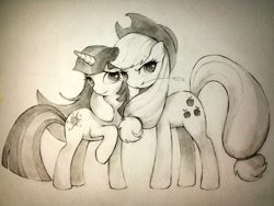 Size: 1024x768 | Tagged: safe, artist:murphylaw4me, applejack, twilight sparkle, unicorn twilight, earth pony, pony, unicorn, cowboy hat, duo, female, friendshipping, gradient background, hat, hug, lesbian, looking at you, mare, monochrome, raised hoof, shipping, straw in mouth, traditional art, twijack