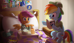 Size: 1500x888 | Tagged: safe, artist:johnjoseco, apple bloom, daring do, princess luna, rainbow dash, scootaloo, sweetie belle, alicorn, pegasus, pony, adventure, backlighting, backwards cutie mark, bed, book, caring for the sick, clothes, comic, comic book, costume, cute, duo, female, filly, happy, hat, mare, open mouth, photo, photos, pith helmet, reading, scootalove, sick, smiling, soup, tissue box, x-men