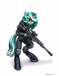 Size: 3048x3886 | Tagged: safe, artist:vombavr, lyra heartstrings, anthro, unguligrade anthro, unicorn, armor, female, gun, hand, hooves, horn, looking at you, mare, optical sight, powered exoskeleton, rifle, science fiction, simple background, smiling, sniper rifle, solo, teeth, tribes ascend, weapon, white background
