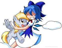 Size: 1012x776 | Tagged: safe, artist:kurus22, derpy hooves, pegasus, pony, cirno, cloud, crossover, cute, derpabetes, female, happy, hug, mare, smiling, touhou, ⑨