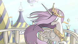 Size: 1920x1080 | Tagged: safe, artist:regolithx, princess celestia, alicorn, pony, airship, balcony, pink-mane celestia, solo, windswept mane, younger