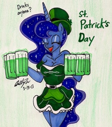Size: 1088x1226 | Tagged: safe, artist:newyorkx3, princess luna, anthro, alcohol, beer, belt, cleavage, clothes, clover, dialogue, dress, female, hat, irish, petticoat, saint patrick's day, shamrock, solo, top hat, traditional art