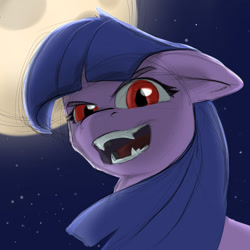 Size: 900x900 | Tagged: safe, artist:bluestreakfus, twilight sparkle, pony, undead, vampire, vampony, fangs, female, full moon, mare, missing horn, moon, night, open mouth, solo, visual pun