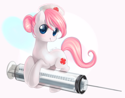 Size: 1179x924 | Tagged: safe, artist:jiayi, nurse redheart, earth pony, pony, adoredheart, cap, cute, female, giant syringe, hat, injection, mare, needle, nurse, smiling, solo, syringe