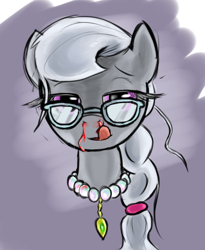 Size: 420x512 | Tagged: safe, artist:untiltheballoons, silver spoon, earth pony, pony, blood, bust, female, filly, glasses, licking, nosebleed, pearl necklace, portrait, solo