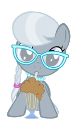 Size: 500x800 | Tagged: safe, artist:prettycupcakes, silver spoon, earth pony, pony, chocolate milkshake, female, filly, glasses, looking at you, milkshake, pearl necklace, solo, straw, wide eyes