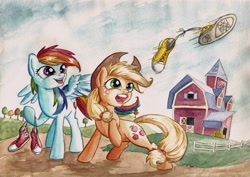 Size: 1024x725 | Tagged: safe, artist:the-wizard-of-art, applejack, rainbow dash, earth pony, pegasus, pony, clothes, converse, shoes, traditional art