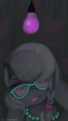Size: 727x1280 | Tagged: safe, artist:fluoromuds, silver spoon, earth pony, pony, bust, female, filly, glasses, lightbulb, lipstick, looking up, pearl necklace, portrait, solo