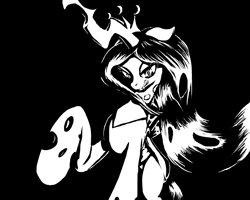 Size: 3000x2400 | Tagged: safe, artist:killer-teckel, queen chrysalis, changeling, changeling queen, black and white, black background, crown, fangs, female, jewelry, monochrome, raised hoof, regalia, simple background, smug, solo