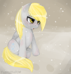 Size: 3932x4119 | Tagged: safe, artist:fluoromuds, derpy hooves, pegasus, pony, crying, female, filly, foal, sad, sitting, snow, snowfall, solo, younger