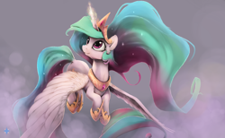 Size: 2600x1600 | Tagged: dead source, safe, artist:noctilucent-arts, princess celestia, alicorn, pony, airborne, collar, crown, cute, cutelestia, dock, female, fluffy, flying, glowing horn, jewelry, looking up, magic, majestic, mare, necklace, regalia, simple background, smiling, solo, spread wings, tiara, wings