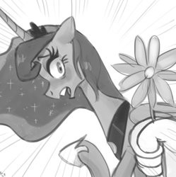 Size: 664x666 | Tagged: safe, artist:ehfa, princess luna, alicorn, human, pony, duo, female, flower, grayscale, hand, looking back, mare, monochrome, offscreen character, raised hoof, simple background, solo, surprised, white background
