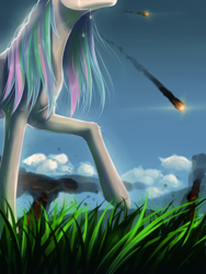 Size: 1500x2000 | Tagged: safe, artist:madhotaru, princess celestia, alicorn, pony, apocalypse, cloud, crying, extinction, grass, meteor, solo