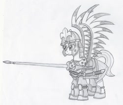 Size: 972x823 | Tagged: safe, artist:sensko, earth pony, pony, armor, black and white, grayscale, hussar, lance, monochrome, pencil drawing, solo, sword, traditional art, weapon, winged hussar