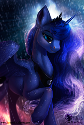 Size: 1024x1536 | Tagged: safe, artist:lulemt, princess luna, alicorn, pony, beautiful, bedroom eyes, ear fluff, female, fluffy, mare, modified accessory, rain, raised hoof, smiling, solo, spread wings, wet