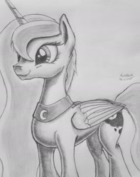 Size: 1667x2117 | Tagged: safe, artist:aurelleah, princess luna, alicorn, pony, cute, happy, monochrome, pencil, pencil drawing, shading, simple, solo, traditional art