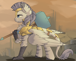 Size: 4064x3288 | Tagged: safe, artist:beardie, oc, oc only, oc:zerstörer, oc:zulu, hippogriff, original species, armor, hammer, male, royal guard, royal guard armor, talons, zebragriff, zerb