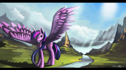 Size: 1199x666 | Tagged: safe, artist:auroriia, twilight sparkle, twilight sparkle (alicorn), alicorn, pony, cloud, crepuscular rays, female, mare, mountain, river, solo, spread wings, valley