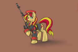 Size: 1800x1200 | Tagged: safe, artist:cyrilunicorn, sunset shimmer, pony, unicorn, clothes, command and conquer, crossover, cutie mark, female, gun, hat, hooves, horn, mare, natasha volkova, red alert, red alert 3, red eyes, rifle, simple background, sniper rifle, sniperskya vintovka dragunova, solo, soviet, soviet shimmer, uniform, video game, weapon