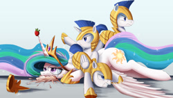 Size: 2000x1125 | Tagged: safe, artist:ncmares, princess celestia, alicorn, earth pony, pegasus, pony, unicorn, ask majesty incarnate, cake, cakelestia, celestia is not amused, female, food, group, male, mare, mr president get down, royal guard, stallion, strawberry, this will end in tears and/or a journey to the moon, unamused