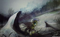 Size: 1200x750 | Tagged: safe, artist:foxinshadow, oc, oc only, pegasus, pony, armor, dutch angle, foreboding, forest, patrol, royal guard, scenery, shadow, solo, winter