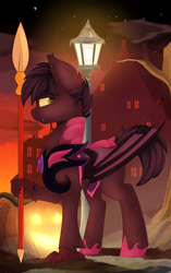 Size: 3008x4800 | Tagged: safe, artist:beardie, oc, oc only, oc:bandit, oc:nachtadler, bat pony, hippogriff, armor, catbathorse, halloween, holiday, jack-o-lantern, night guard, pumpkin, royal guard, solo, spear, weapon