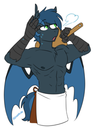 Size: 748x997 | Tagged: safe, artist:redxbacon, oc, oc only, oc:bandit, oc:nachtadler, anthro, hippogriff, abs, apron, armpits, bat wings, catbathorse, clothes, muscles, muscular male, partial nudity, pizza paddle, signature, simple background, solo, sweat, talons, topless, wings, wiping brow
