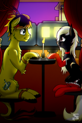 Size: 960x1440 | Tagged: safe, artist:starfall-spark, oc, oc only, oc:equanimous cosmos, oc:nighthaunt, bat pony, pony, candle, chromatic aberration, clothes, date night, female, male, romantic, socks, stockings, straight, train