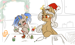 Size: 5000x3000 | Tagged: safe, artist:ruef, oc, oc only, oc:mach diamond, oc:rewind, unicorn, christmas, christmas cookies, cloven hooves, cookie, duo, female, food, holiday, icing bag, interspecies offspring, mother and child, mother and daughter, offspring, parent and child, parent:oc:delta dart, parent:oc:rewind, parents:oc x oc, patreon, patreon reward