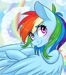 Size: 2100x2400 | Tagged: safe, artist:silbersternenlicht, rainbow dash, pegasus, pony, blushing, cloud, female, mare, rainbow, solo