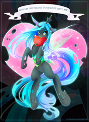 Size: 2338x3196 | Tagged: safe, artist:koveliana, queen chrysalis, changeling, changeling queen, chromatic aberration, color porn, heart, hearts and hooves day, mouth hold, solo, valentine's day, valentine's day card