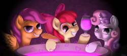 Size: 4000x1760 | Tagged: safe, artist:awalex, apple bloom, scootaloo, sweetie belle, cauldron, cutie mark crusaders, heart, heart eyes, hearts and hooves day, love potion, pure unfiltered evil, slasher smile, this will not end well, valentine's day, wingding eyes