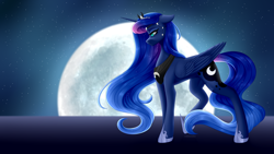 Size: 5760x3240 | Tagged: safe, artist:ohhoneybee, princess luna, alicorn, pony, absurd resolution, female, full moon, hoof shoes, jewelry, mare, moon, redraw, signature, solo