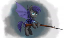 Size: 2000x1209 | Tagged: source needed, safe, artist:ncmares, oc, oc only, oc:au hasard, bat pony, pony, armor, bayonet, flying, gun, kar98k, looking at you, mauser, night guard, rifle, royal guard, slit eyes, solo, weapon