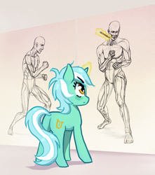 Size: 800x905 | Tagged: safe, artist:hunternif, lyra heartstrings, human, anatomy, drawing, lyra doing lyra things, magic, muscles, realistic, solo, that pony sure does love humans, wall