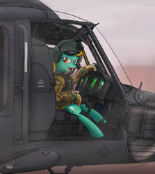 Size: 1024x1150 | Tagged: safe, artist:buckweiser, lightning dust, clothes, cockpit, detailed, helicopter, military, military uniform, pilot, solo, uniform