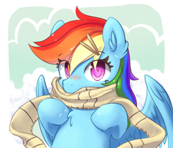 Size: 878x750 | Tagged: safe, artist:aymint, rainbow dash, pegasus, pony, blushing, chest fluff, clothes, female, looking at you, mare, scarf, solo