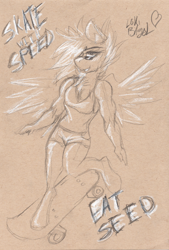 Size: 1034x1528 | Tagged: safe, artist:loki-bagel, oc, oc only, oc:terracotta, anthro, hippogriff, clothes, female, fit, grabby boi, scan, shorts, skateboard, solo, sunglasses, tanktop, traditional art