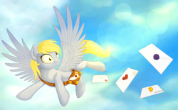 Size: 3150x1950 | Tagged: safe, artist:dirdash, derpy hooves, pegasus, pony, cloud, derpydelivers, digital art, flying, letter, solo, sun, surprised