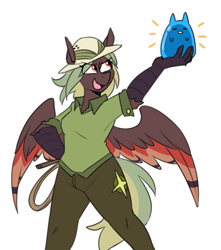 Size: 773x873 | Tagged: safe, artist:redxbacon, oc, oc:terracotta, anthro, hippogriff, clothes, costume, female, gummy bear, hat, pith helmet, solo, talons