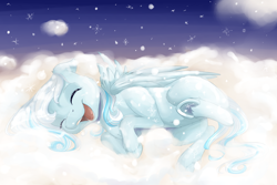 Size: 3000x2000 | Tagged: safe, artist:chiweee, oc, oc only, oc:snowdrop, pegasus, pony, belly button, cloud, cute, eyes closed, happy, horses doing horse things, laughing, ocbetes, rolling, snow, snowbetes, snowfall, solo, underhoof, weapons-grade cute